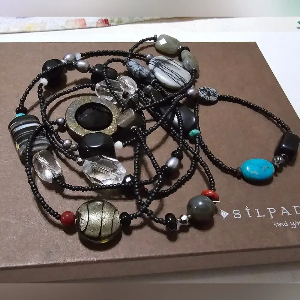 SILPADA NECKLACE SS Hematite Turquoise Pearl Obsidian Bronzite Boho N1967‎